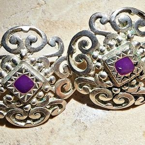 Vintage C. Stein silver filigree mandala with purple enamel post earrings